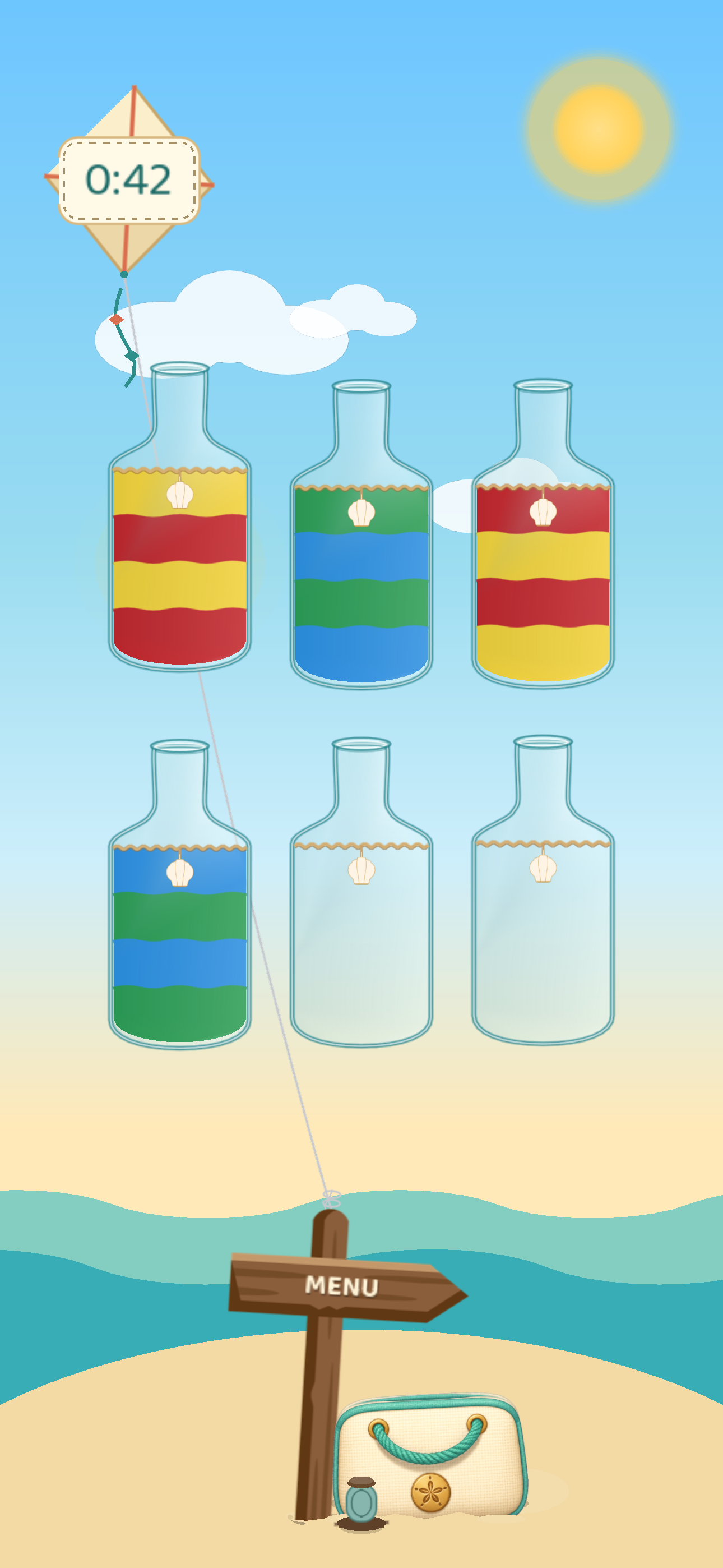 Beach Sands gameplay showing colorful layers of sand in glass vases